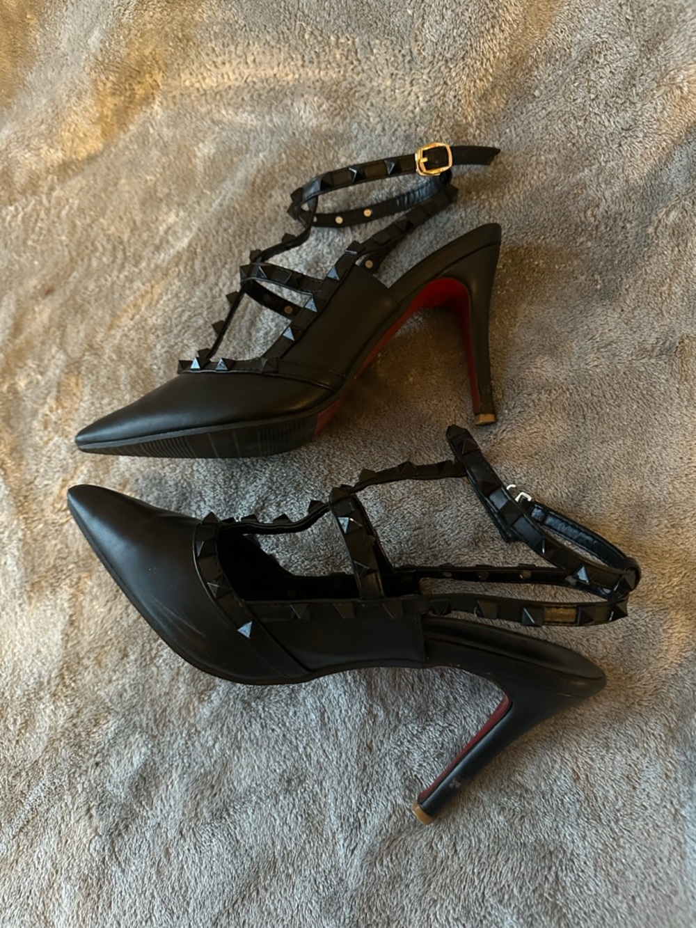 Black Studded Hardware Details Heel Pumps with ankle strap